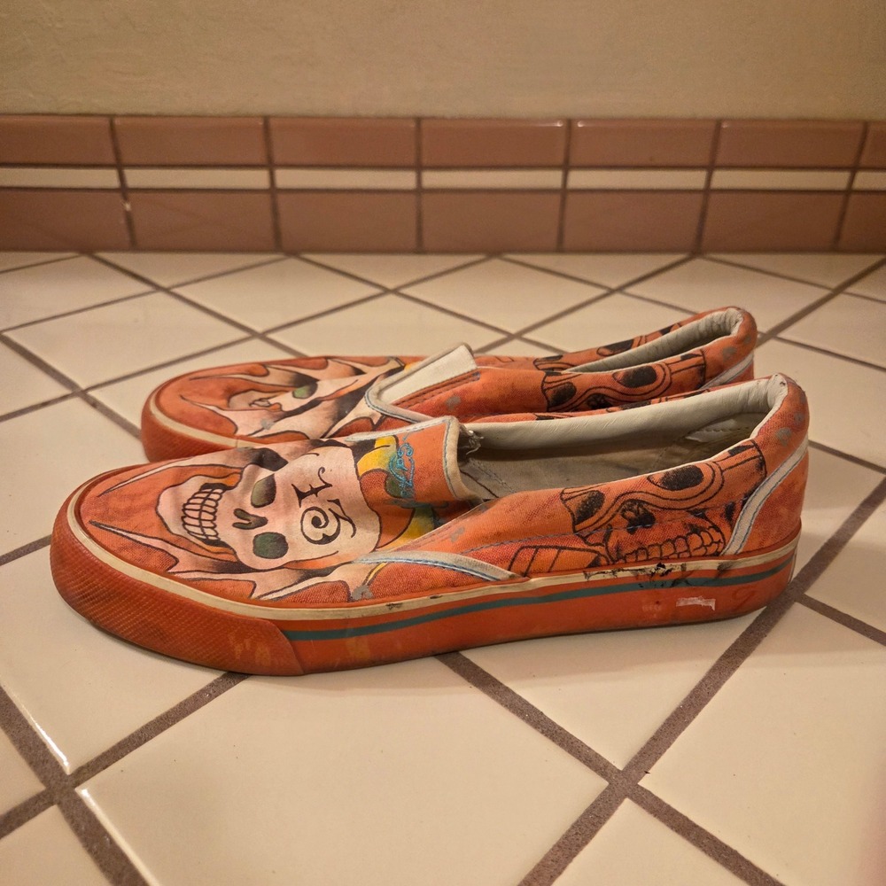 Ed Hardy‎ Womens Orange Tattoo Art Skull Canvas Slip On Sneakers Size 9 EUR 40